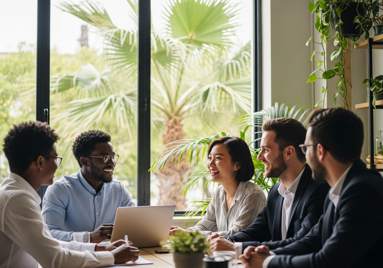 Rozmanitý tým lokálních stážových partnerů na schůzce v neformálním kancelářském prostředí diskutující o umístění studentů v zahraničí