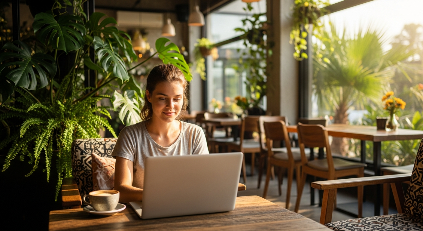 Student pracující na svém stážovém profilu v tropické kavárně