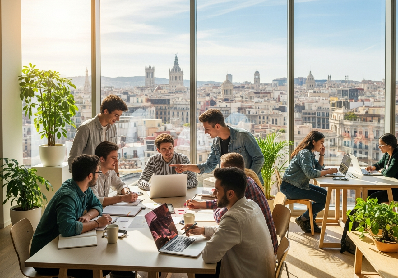 Mezinárodní studenti coworkující v globálním městě s výhledem na panorama